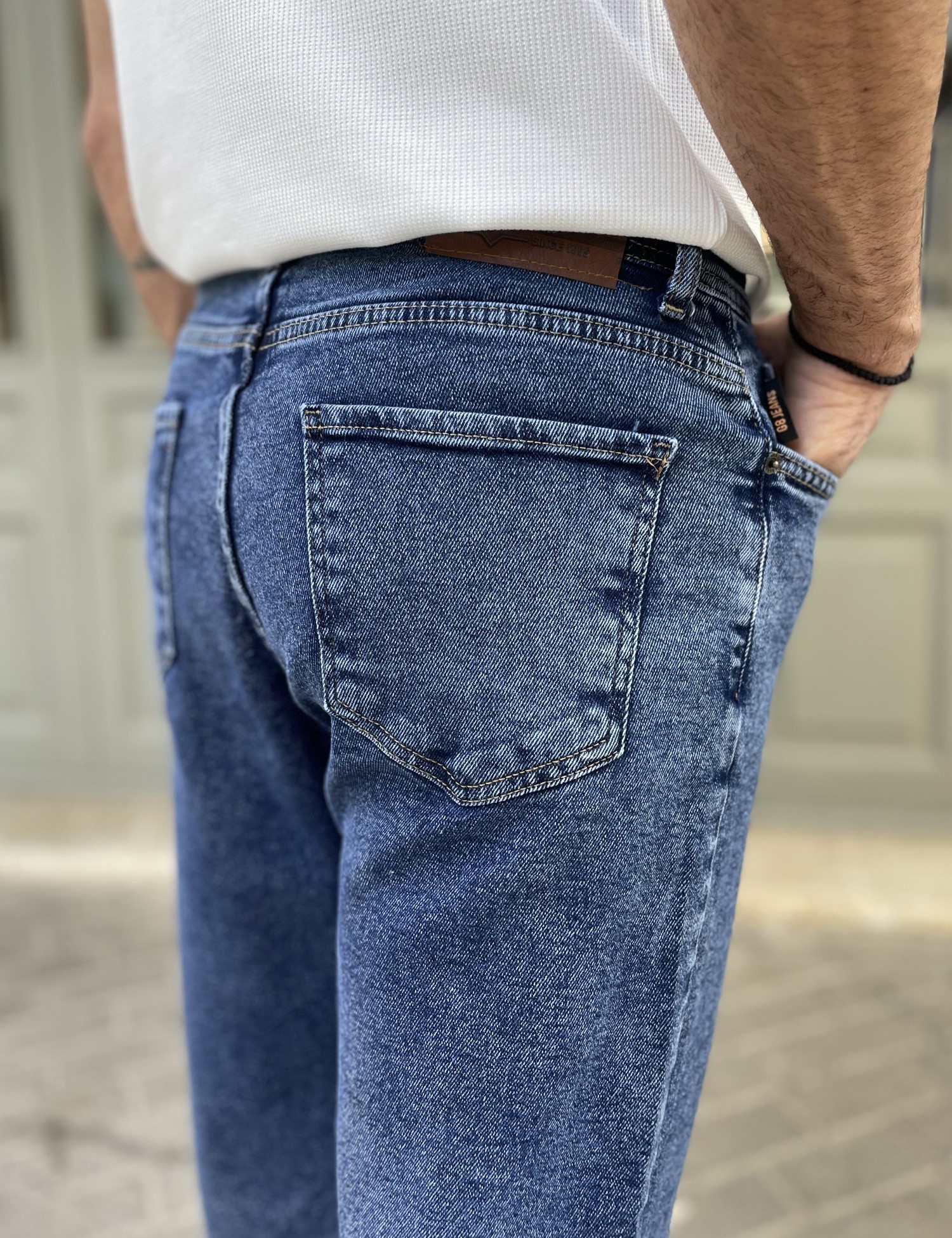 Ανδρικό μπλε σκούρο Loose τζιν ελαστικό πεντάτσεπο με φερμουάρ 8948 φωτογραφία